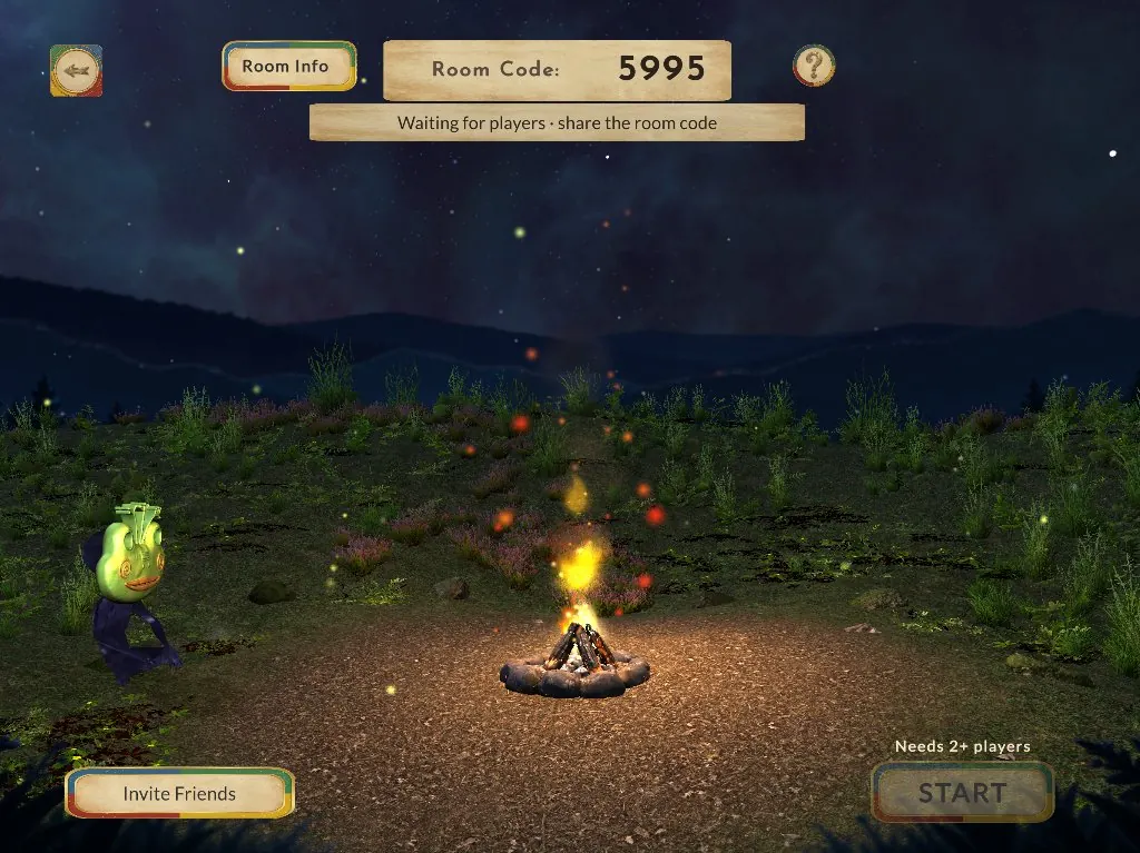 The lobby around the fire, waiting for friends to join with a room code