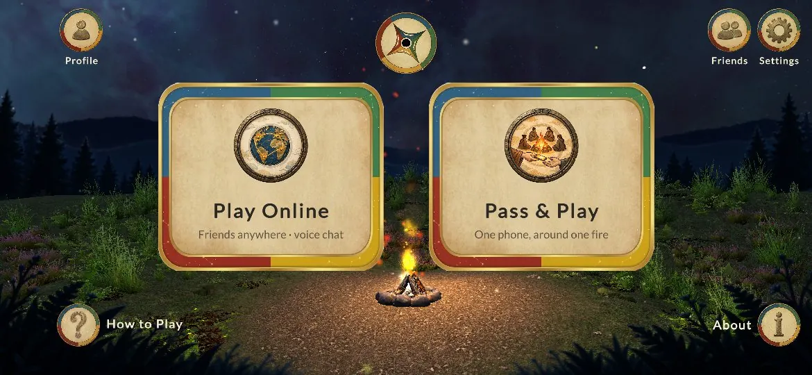 The main menu by the campfire: Play Online and Pass & Play