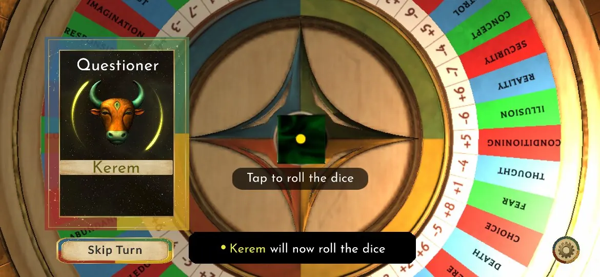 The Questioner rolls the dice on the board